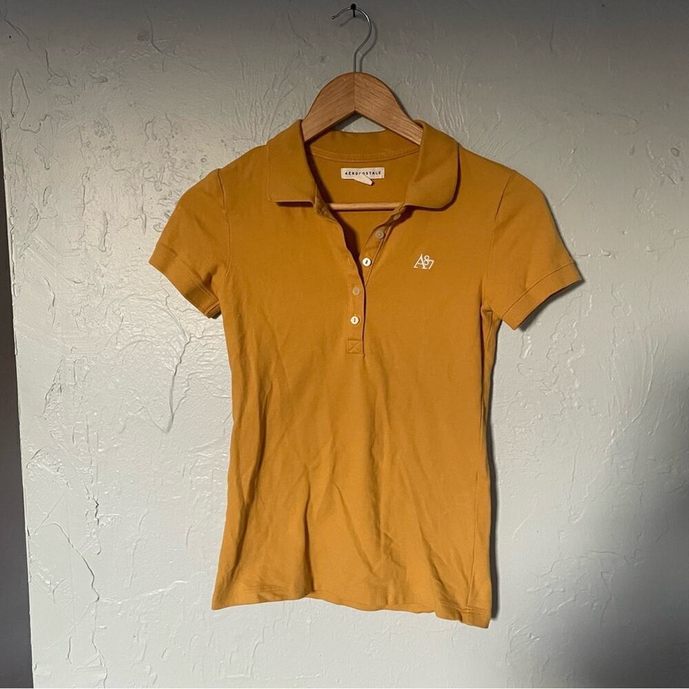 Vintage Y2K A87 Aeropostale Mustard Yellow Fitted Preppy Polo Shirt sz Small